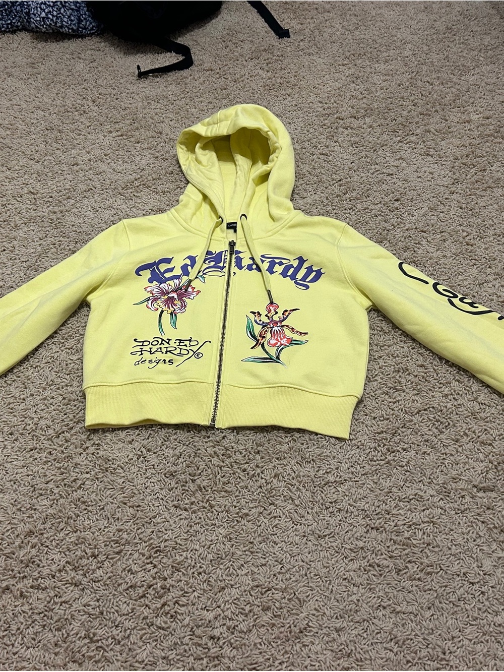Ed Hardy Yellow Girls' Cropped Zip Hoodie with Floral Graphics
